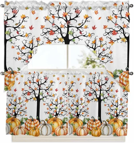 Vista 6 de Pumpkins Thanksgiving Kitchen Curtains Swag Valance and Tier Curtains Set 24 Inch Length, Fall Watercolor Botanical Leaves Retro Rod Pocket Drape