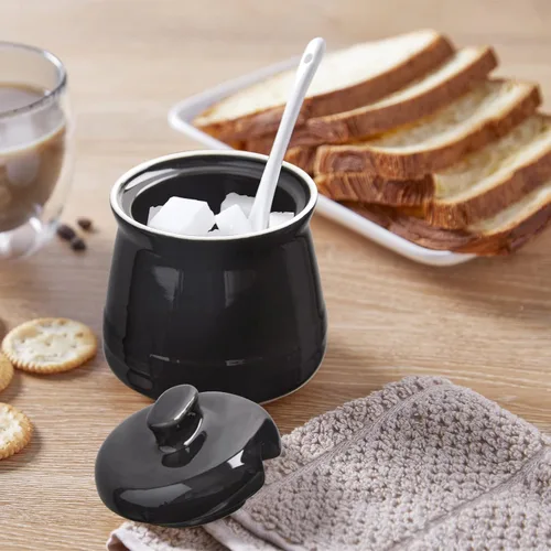 Vista 6 de Azucarero DAYYET con tapa y cuchara, tazón de azúcar de cerámica de 12 oz con cuchara, recipiente de azúcar para barra de café, tazón dispensador