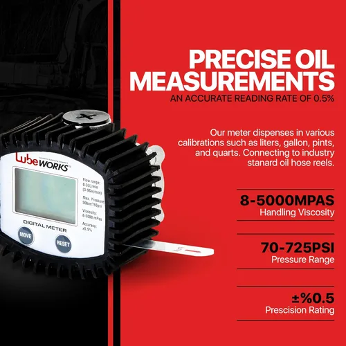 Vista 4 de Lubeworks Medidor de Control de Aceite Digital 1-35lpm / 1-10gpm de Alta Resistencia, Alimentado por Batería de 3V para Motor, Hidráulico Sintético