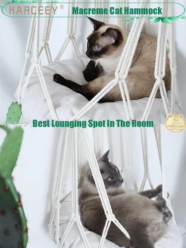 Vista 6 de KARCEEY Hamaca de macramé para gatos, cama colgante de macramé para gatos con cojín de hierba gatera y kit para colgar