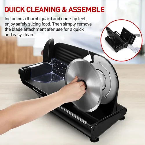 Vista 6 de Rebanadora de Carne, Techwood Rebanadora Eléctrica de Alimentos de 200W con Cuchilla Extraíble de Acero Inoxidable de 9", Cortadora de Embutidos