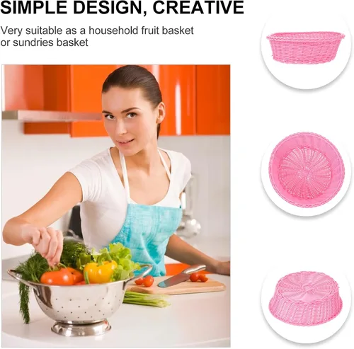 Vista 4 de Cesta de frutas para encimera de cocina: 1 bandeja de frutas tejida de plástico rosa para aperitivos, pan y almacenamiento decorativo, cesta