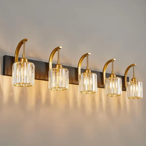 Vista 24 de Lámpara de tocador de cristal de 4 luces, aplique de pared de baño cromado moderno con pantallas de cristal K9, 32.67" de largo, iluminación sobre