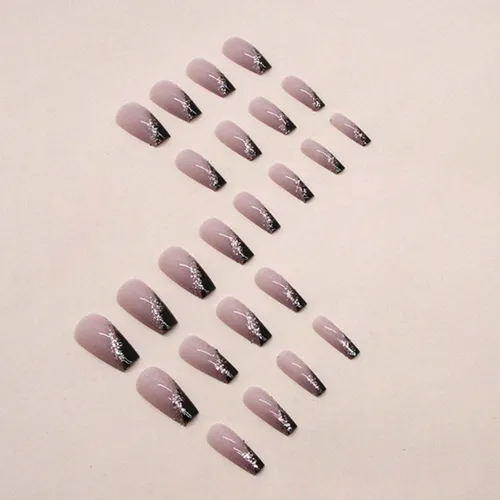 Vista 3 de Uñas postizas medianas a presión con forma de ataúd francesas, uñas postizas acrílicas brillantes, reutilizables, para mujeres y niñas, 24