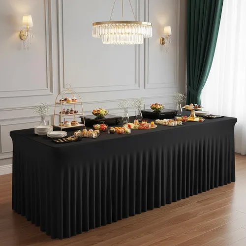 Vista 6 de Mantel rectangular de elastano negro, funda elástica ajustada para mesas rectangulares de 1,8 m, falda de mesa elástica sin arrugas para decoración