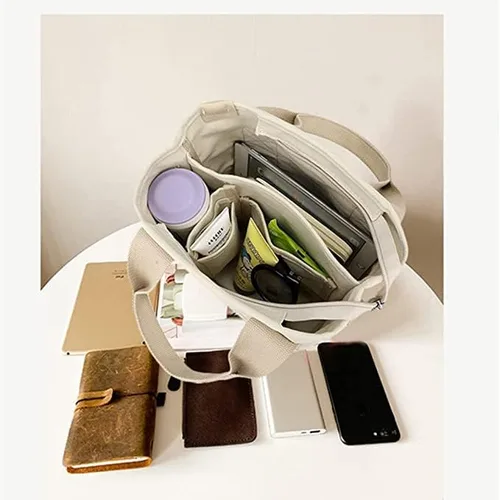 Vista 7 de MINGRI Bolsa de lona para mujer, pequeña bolsa de mano con cremallera, bolsa cruzada de lona grande con compartimentos