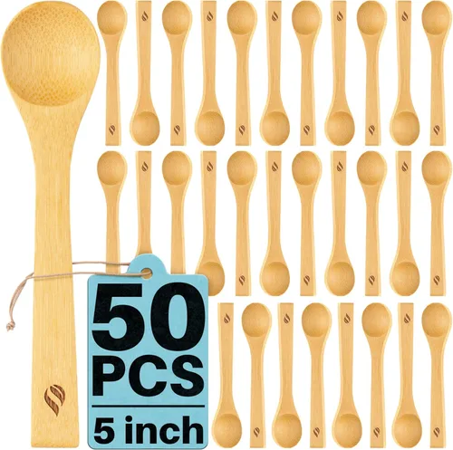 Vista 8 de Juego de cucharas de bambú (5 unidades), cucharaditas de cocina pequeñas, pequeñas cucharas de madera perfectas para azúcar, especias, condimentos