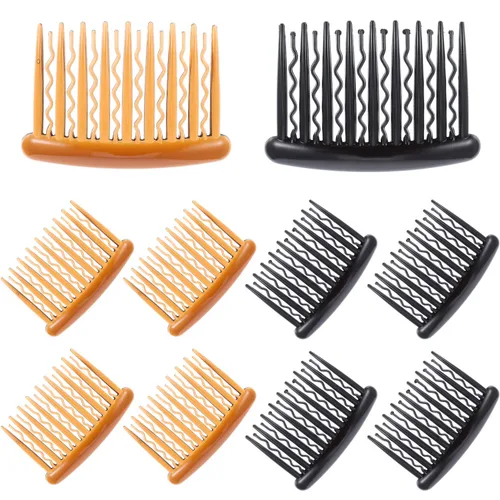 Vista 2 de Gejoy 12 peines de plástico para dientes para el cabello, peine lateral de tortuga, accesorios para el cabello (negro, marrón oscuro)