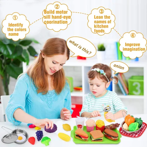 Vista 2 de Juego de comida para niños, accesorios de cocina, 46 piezas, utensilios de cocina de acero inoxidable con CuteApron, cortar alimentos de juego