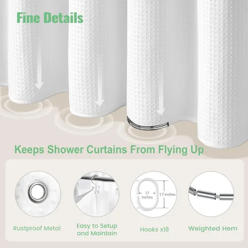 Vista 486 de Cortina de ducha de tela Dynamene verde oscuro - Cortinas de baño de tela de nido de abeja texturizadas resistentes, juego de cortinas de baño