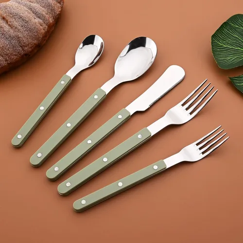 Vista 8 de Juego de 20 cubiertos de acero inoxidable para 4 piezas con mango de plástico acrílico, mantequilla y cuchillo de cena, juego de cubiertos