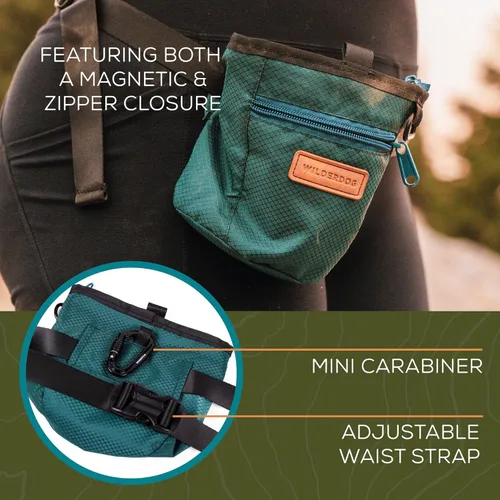 Vista 5 de Wilderdog Bolsa de entrenamiento para perros con cierre magnético y cremallera, mosquetón adjunto, correa de cintura ajustable - verde