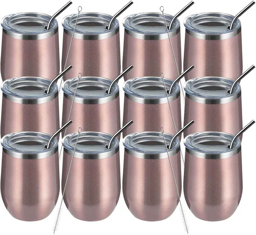 Vista 38 de MEWAY Vaso de vino sin tallo de 12 onzas con tapa, vaso de viaje de acero inoxidable con aislamiento de doble pared al vacío con popote, para Negro