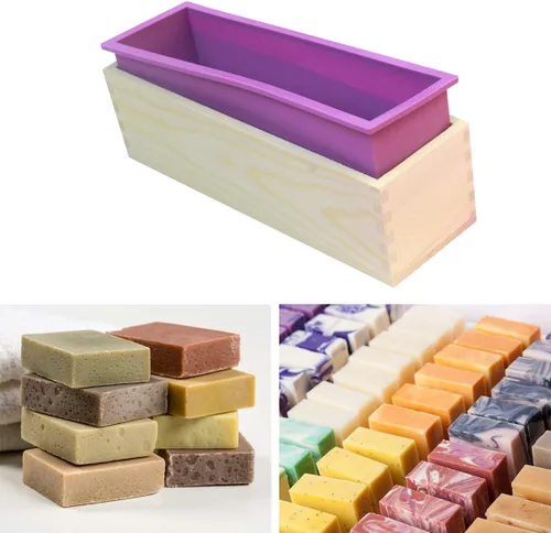 Vista 7 de Kit de moldes de silicona para elaboración de jabones, molde de jabón rectangular flexible con caja de madera
