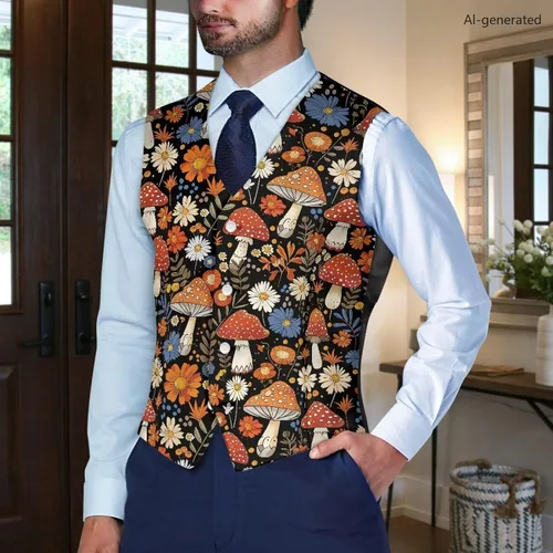 Vista 3 de TODIYADDU Single Breasted Sleeveless Vest for Men Tuxedo Vest Mushroom