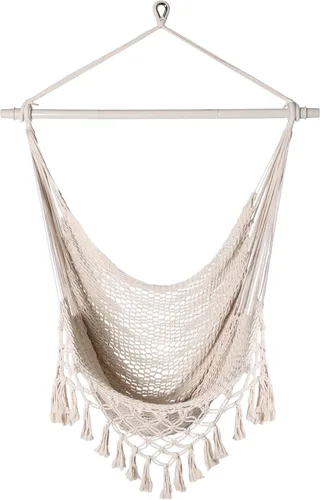 Vista 8 de Silla hamaca de cuerda de algodón tejida a mano con barra separadora de metal, silla colgante bohemia para dormitorio, silla columpio