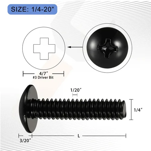 Vista 3 de Mellewell Tornillos de máquina de cabeza abombada 1/4-20 x 2, rosca completa, acero inoxidable 18-8, acabado negro, cantidad 20
