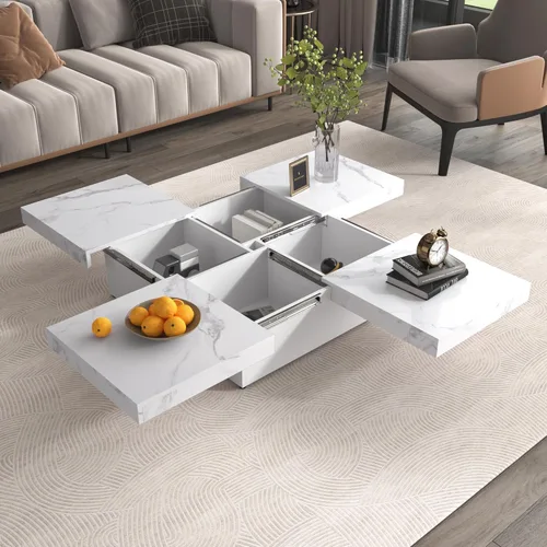 Vista 9 de Mesa de centro moderna con almacenamiento, mesa de cóctel de madera con superficie UV de alto brillo, mesas de centro rectangulares de 2 niveles