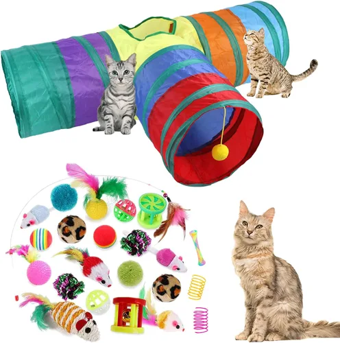 Vista 8 de 32 piezas de juguetes para gatos, juguetes interactivos para gatitos, surtidos de juguetes para mascotas, túnel de arco iris plegable, varita teaser
