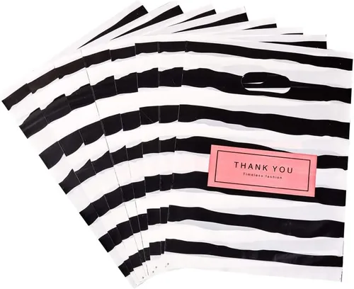 Vista 26 de ysmile Pequeña bolsa de compras de plástico negro con asa para pequeñas empresas Bolsa de plástico de mercancía troquelada bolsa de polietileno 100