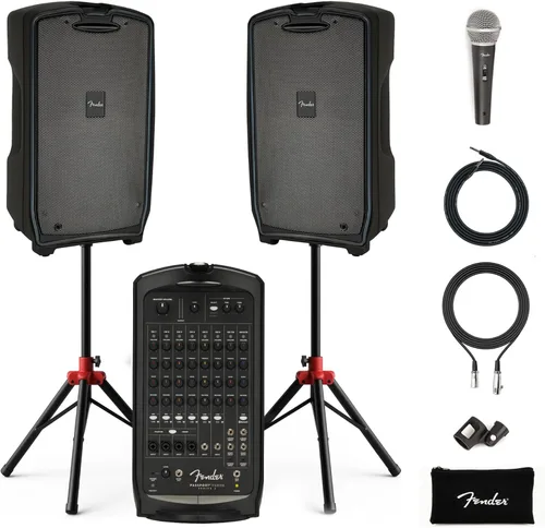 Vista 13 de Fender Paquete de sistema PA portátil Passport Conference S2 con kit de micrófono, soportes de altavoz compactos y cable de instrumento