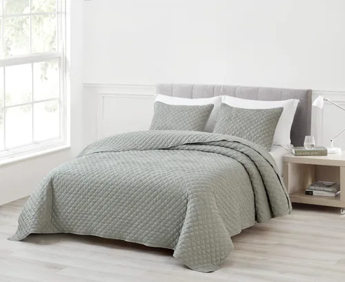 Vista 2 de Chezmoi Collection Pucker - Juego de edredón de 3 piezas, tamaño Queen, color gris, de microfibra suave, ligera, acolchada con diamantes, juego