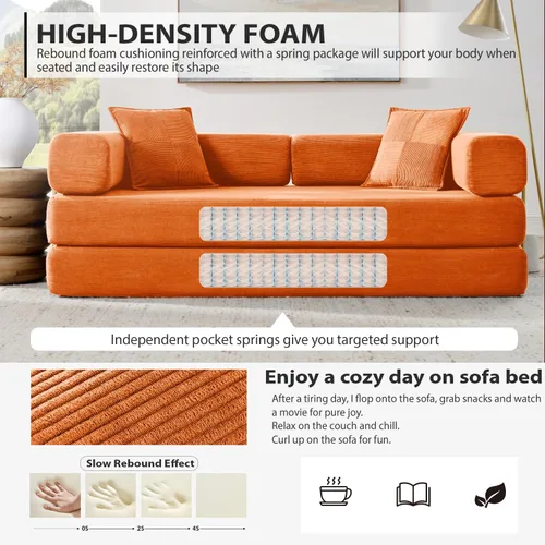 Vista 4 de Sofá cama plegable convertible 4 en 1, sofá sin hueso de 78 pulgadas con marco de forma fija, sofá biplaza de pana con cama extraíble, sofá