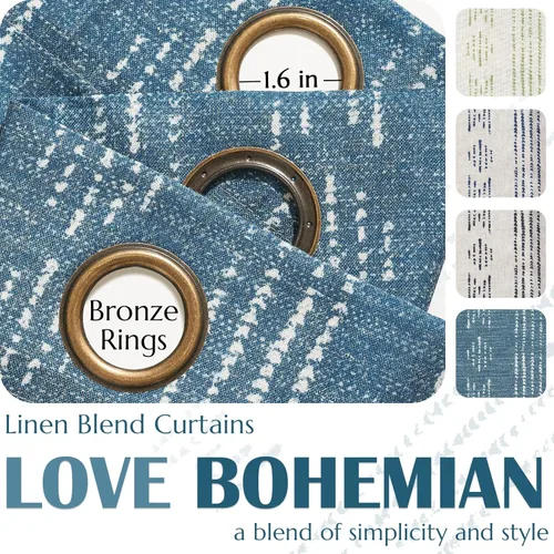 Vista 6 de Vangao Cortinas bohemias con estampado de rayas azules, cortinas de granja de 96 pulgadas de largo, 2 paneles de cortinas de mezcla de lino