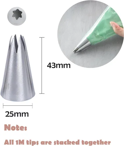 Vista 4 de Juego de puntas de tubería 1M, 5 puntas de glaseado de 3.3 ft, punta de estrella sin costuras de 1 M para tuberías, punta de roseta de 1M