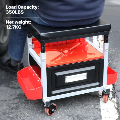 Vista 6 de DNA Motoring TOOLS-00198 - Taburete de asiento de rodillo mecánico de altura ajustable con cojín acolchado, cajón de almacenamiento de herramientas