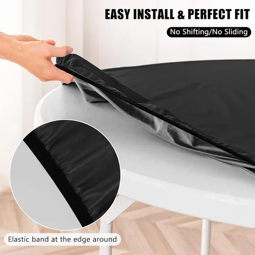 Vista 4 de ManMengJi Paquete de 2 manteles redondos ajustables color negro con bordes elásticos, impermeable, resistente a las manchas, para uso en exteriores