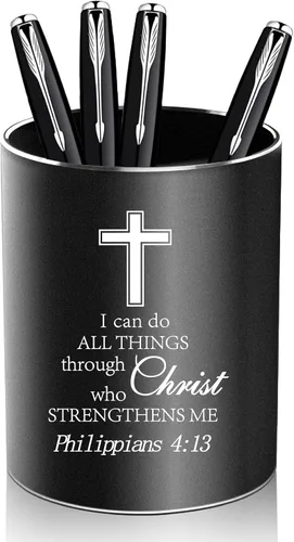Regalos cristianos, soporte de metal para lápices, soporte de aluminio para escritorio, organizador de escritorio redondo y vaso negro para oficina,