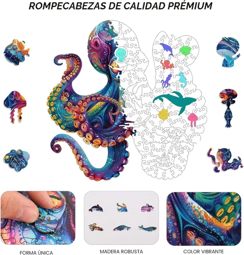 Vista 3 de Qiuenisray Rompecabezas de madera para adultos, rompecabezas de pulpo oceánico de 200 piezas, rompecabezas de madera fresca, decoración de pared