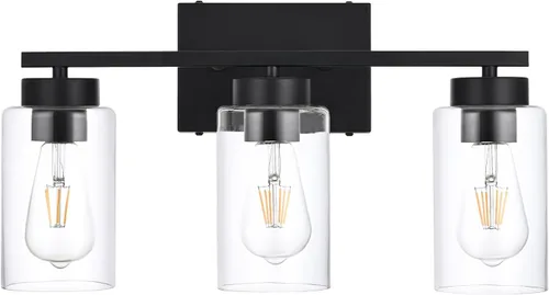Lámpara de tocador de baño de 3 luces, modernas luces de pared negras con pantallas de vidrio transparente, lámpara de pared de baño para espejo de A1A9