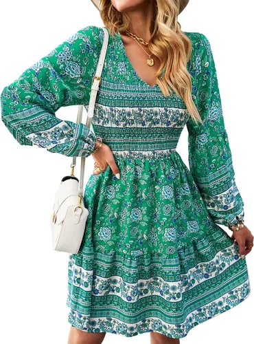 KIRUNDO Vestido corto de manga larga con volantes y estampado floral para mujer, cuello redondo, cintura alta fruncida, acampanado, vestido corto