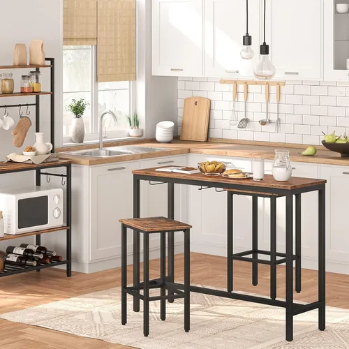 Vista 2 de HOOBRO Juego de mesa de bar, mesas de bar con taburetes, juego de 2, sillas de bar debajo del mostrador, mesa de comedor industrial para cocina