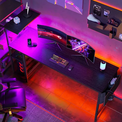 Vista 36 de Bestier Escritorio para juegos con tomas de corriente, escritorio LED grande de 61 pulgadas con estantes reversibles de 4 niveles, mesa
