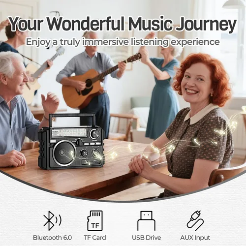 Vista 4 de PRUNUS J-02 AM FM SW Radio portátil con doble antena, funciona con batería solar/D, recargable por USB con Bluetooth, compatible con tarjeta