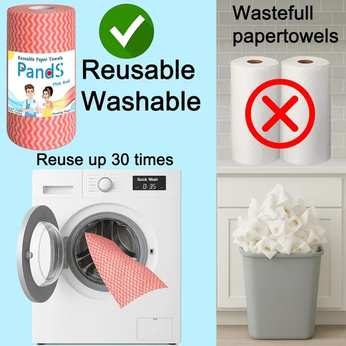 Vista 3 de Toallas de papel reutilizables lavables, 60 unidades/rollo, paquete de 3, paños desechables para cocina, sin residuos de papel, toallitas