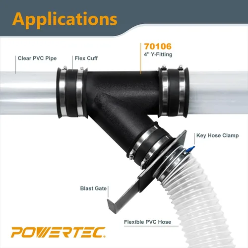 Vista 3 de POWERTEC 70106 Conector de manguera de recolección de polvo de ajuste en Y de 4 pulgadas, negro y conector de manguera de recolección de polvo 70190