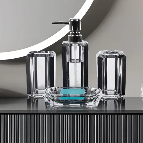 Vista 2 de 4 piezas de juego de accesorios de baño de acrílico premium, botella de desinfectante de manos, can de loción para baño, caja de jabón de botella