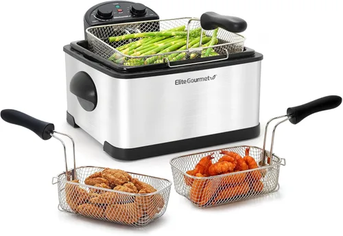Vista 9 de Elite Gourmet EDF434 - Freidora eléctrica con capacidad de aceite de 4.5 cuartos con perilla de temperatura, 2 cestas, potente de 1700 vatios, tapa