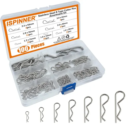 ISPINNER Kit surtido de 100 pines de chaveta de acero inoxidable 304, clips R de 7 tamaños para sistemas de bloqueo de pasador de enganche