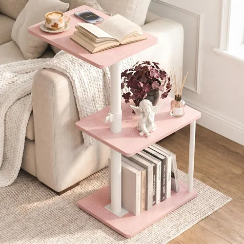 Vista 11 de Faesun Mesa auxiliar de mesa C de altura ajustable, bandeja giratoria de 360° para espacios pequeños, mesita de noche pequeña para sala de estar