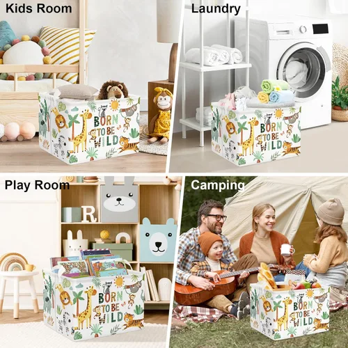 Vista 7 de Clastyle Cesta de almacenamiento rectangular de 36L con diseño de animales tropicales, elefantes, niños, jirafa, león, tigre, juguete, cuarto