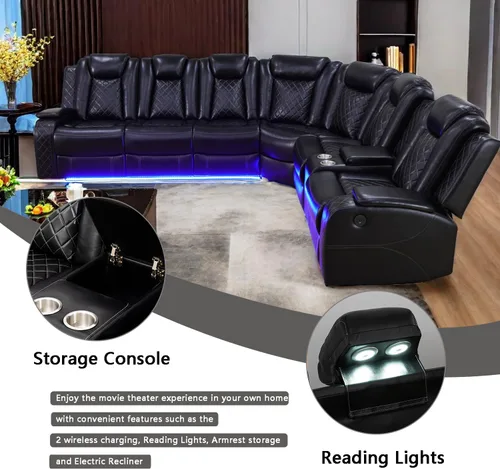 Vista 5 de A Ainehome Juego de sofá reclinable eléctrico, juego de sofá modular de cuero para sala de estar, cine en casa, con luces LED, soporte para tazas