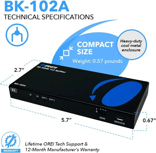 Vista 5 de OREI Divisor HDMI 8K 1 x 2, duplicado con extractor de audio UltraHD soporta hasta 4K @ 120Hz IR EDID HDCP 2.3 - (BK-102A) (1x2 - Salida de audio)