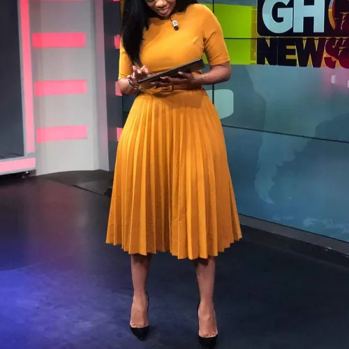 Vista 3 de VERWIN Vestido largo de manga corta con cuello redondo para mujer, vestido de cinturón liso plisado, Amarillo