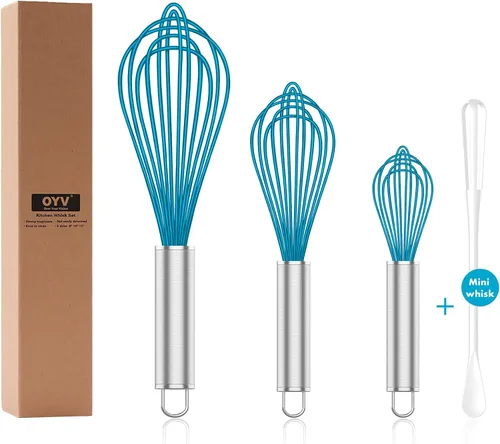 Vista 20 de OYV Batidor de silicona verde azulado, batidor profesional de silicona para cocinar sin arañazos, acero inoxidable y silicona Wisk, herramienta