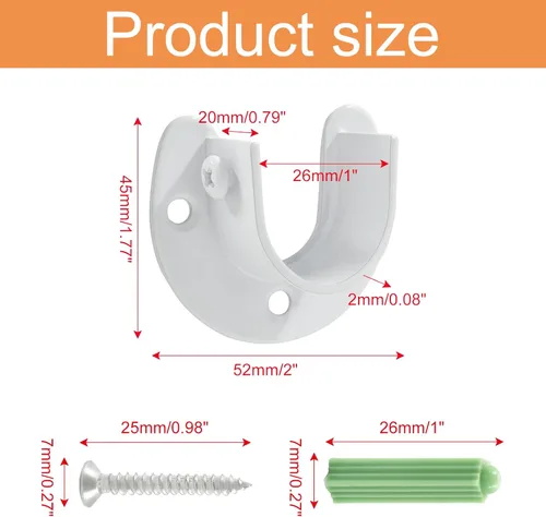 Vista 2 de 4 Pcs White Closet Rod Brackets, 1 Inch U-Shaped Closet Pole Sockets,Stainless Steel Closet Rod End Supports with Screws for Closet Shelf Wardrobe